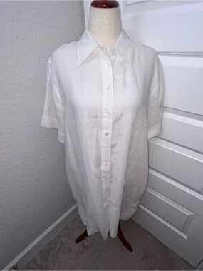 TRENERY 100% French Linen Short Sleeve Button Front Lagenlook Shirt Dress